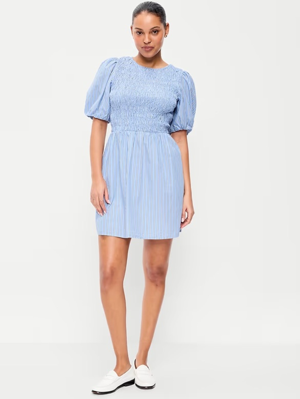 Old Navy Light Blue and White Stripe Smocked Puff Sleeve Dress